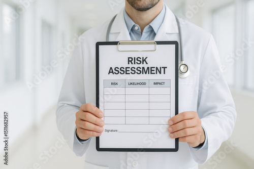 A doctor holding a clipboard with a risk assessment form in a bright, clinical environment.