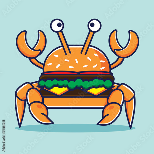 Simple burger crab funny flat illustration, with bright background. Suitable for logo, mascot, and icon