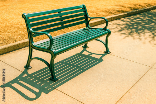 A solitary green metal bench sits under the scorching midday sun, casting a sharp shadow on the hot concrete path beside a patch of dried, sunburnt grass—an evocative scene of summer heat and drought.