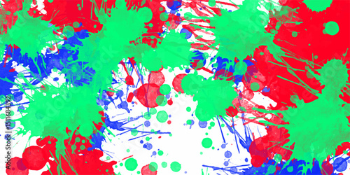 Colorful abstract watercolor splatter background with red green and blue paint blotches on white backdrop