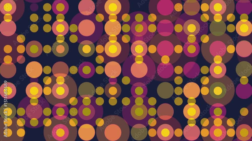 Vibrant blinking dots and circles animation with colorful overlapping spheres in warm tones on dark background