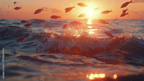 Fish creating gentle waves in the water as the sun dips below the horizon. HD 8k eid wallpaper photographic image
