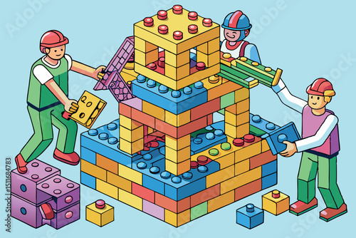 Children build a colorful tower using blocks in a creative play activity indoors during the daytime