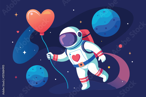 Astronaut exploring space while holding a heart-shaped balloon among colorful planets and stars