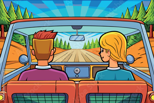 Road trip adventure on an open highway with friends enjoying a sunny day in a convertible car
