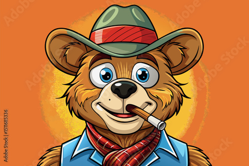 Cartoon character of a bear wearing a cowboy hat, scarf, and smiling with a cigar in a vibrant background