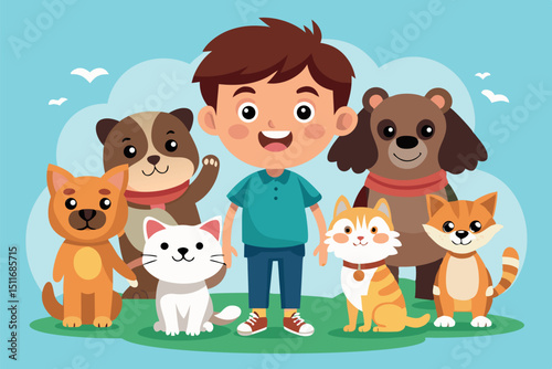 Joyful child surrounded by cute, friendly animals in a colorful outdoor setting during a sunny day