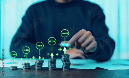 
The concept of rising interest rates, business value ratios and investment arrows up, business growth, stocks, mutual funds, high exchange rates.