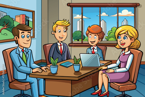 Business meeting with four professionals discussing strategies in a modern office setting during daytime