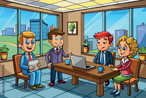 Business meeting with colleagues discussing projects in a modern office setting during the day
