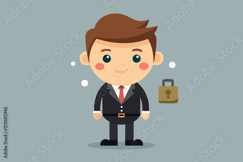 Businessman character in a suit standing with a lock symbolizing security and professionalism in a minimalist design