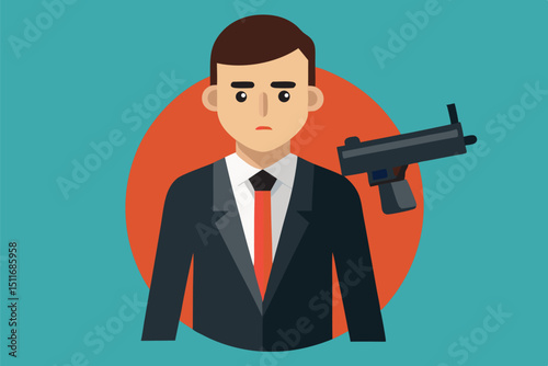 Illustration of a serious man in a suit with a firearm in an abstract setting