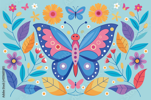 Colorful butterfly surrounded by vibrant flowers in a playful garden setting during the day