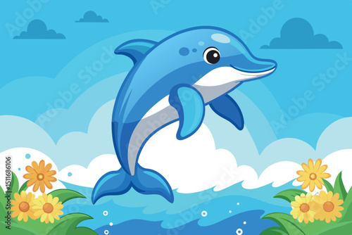 Bright and cheerful dolphin jumping out of a sparkling ocean surrounded by colorful flowers and blue skies