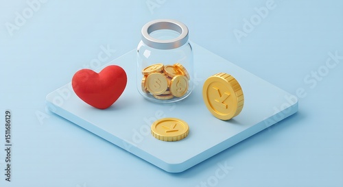 Charity donation concept love and money concept with heart and gold coins in jar for finance and donation fundraising campaign
