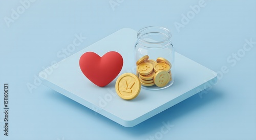 Charity donation concept charity donation concept with heart and coins in jar for fundraising and financial support idea