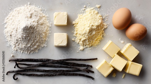 Flat lay of baked goods ingredients: flour, eggs, vanilla pods, butter cubes, scattered neatly