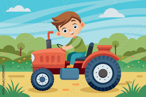 Child enjoying a sunny day riding a bright red tractor on a farm surrounded by green fields and blue skies