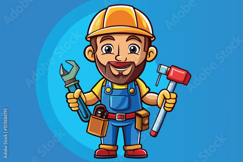 Cartoon handyman character holding tools on blue background with a cheerful expression