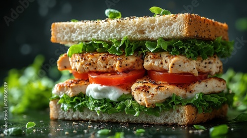 Delicious grilled chicken sandwich with fresh lettuce and tomato placed on whole grain bread
