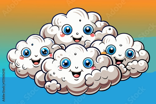 Cheerful cartoon clouds with smiling faces against a colorful sunset sky