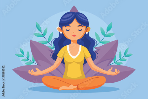 Calm woman practicing meditation in a serene environment surrounded by leaves and plants during daylight