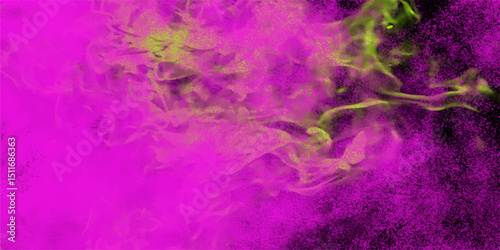 Abstract composition of vibrant pink and yellow paint particles forming artistic shapes on a dark background