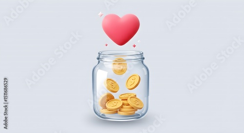 Charity donation concept fundraising for charity donation concept with heart and coins in a jar for love and support campaign