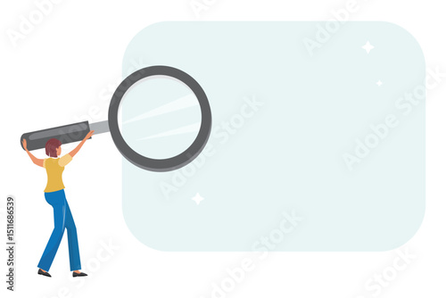 Cartoon character with giant magnifier, analysis, exploration, research concept, copy space, isolated on white
