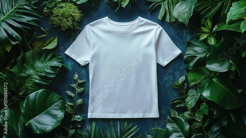 Minimalist design of a white t-shirt surrounded by lush green foliage on a blue backdrop