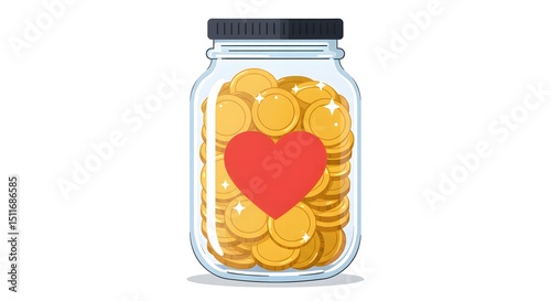Charity donation concept charity donation jar with golden coins and red heart for fundraising and financial support concept