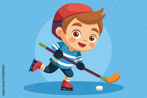 Young boy enjoying ice hockey on a blue background while skating and smiling with enthusiasm