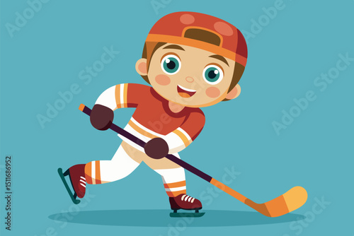 Young boy practices hockey skills while skating on the ice in a cheerful and colorful environment