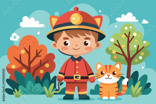 Young firefighter in a playful landscape with a cat during a bright sunny day in autumn