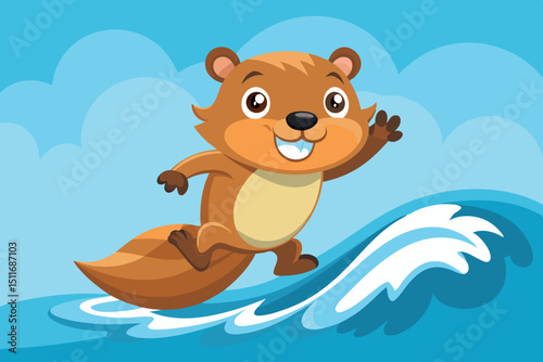 Cartoon squirrel surfing on a wave under a bright blue sky with fluffy clouds during a sunny day at the beach