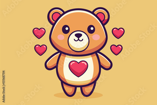 Cute bear character with hearts on a yellow background creating a playful and loving atmosphere