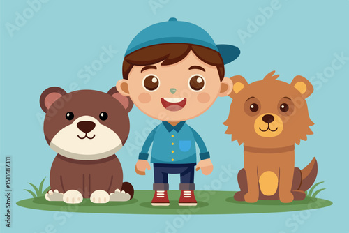 Child standing happily with a dog and a lion cub in a bright, playful landscape setting