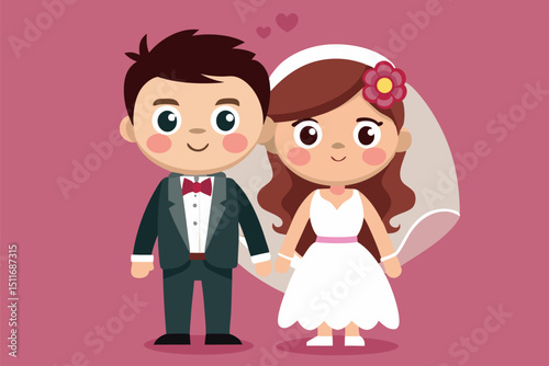 Cartoon wedding couple standing together against a pink background with hearts and flowers, celebrating love and togetherness
