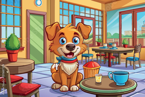 Happy dog sitting in a cheerful cafe interior enjoying a sunny day with plants and colorful furniture