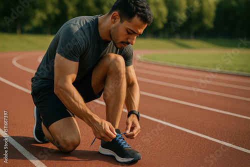 Man tying shoe on track.