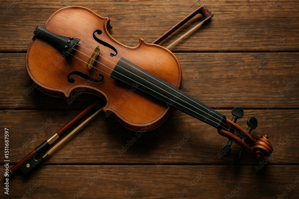 Fototapeta premium Violin and bow on wooden background.