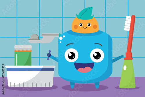 Colorful cartoon character promoting dental hygiene in a cheerful bathroom setting with fun toothbrushes