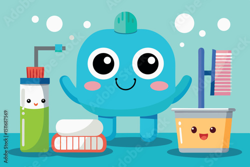 Cute blue character with toothbrush, toothpaste, and mouthwash in a playful bathroom setting for kids