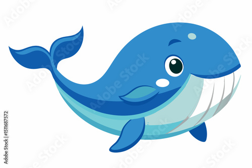 Colorful cartoon whale swimming joyfully in the ocean, showcasing a bright smile and friendly design