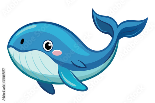 Cartoon depiction of a cheerful blue whale swimming in the ocean with vibrant colors and playful expressions
