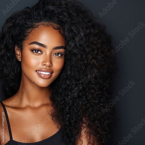 A woman with long curly hair wearing a black tank top