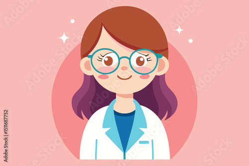 Young woman with glasses wearing a lab coat and smiling against a pink background with sparkles