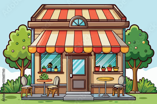 Colorful cafe with striped awning and outdoor seating on sunny day surrounded by trees and greenery