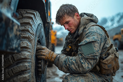 Soldier fixing tire on vehicle.