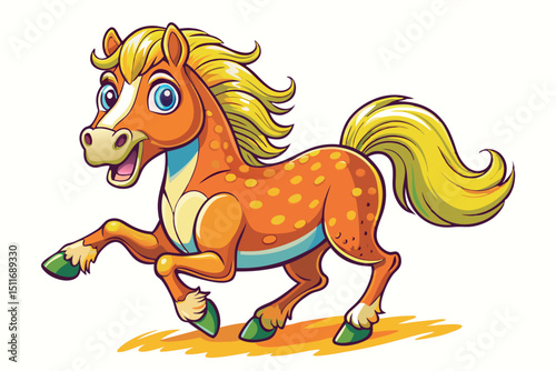 Cheerful orange pony with vibrant mane runs joyfully across a sunny meadow